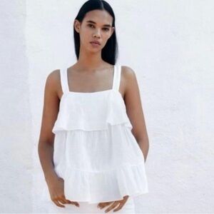 Zara Ruffled Linen Ruffles Baby Doll Top Tank Tiered Minimalist Straps A Line XL
